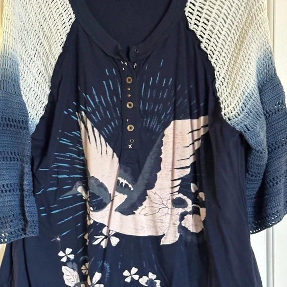 LG- Free People Navy Blue Women's Top with Bird Design - Picture 6 of 10